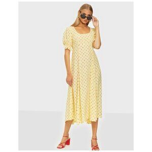 Faithfull The Brand Linnie Floral Print Crepe Dress Yellow Cottagecore Size 6